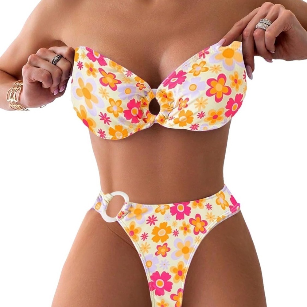 Women's 2 Piece Swimsuits O Ring High Waist Bandeau Bikini Set Bathing Suit - Picture 3 of 6